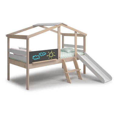 Cama montessori cabaña blanca con tobogán integrado para niños