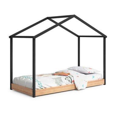 Cama Montessori cabaña de madera con acabado antracita para niños
