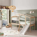 Cama montessori cabaña blanca con tobogán integrado para niños
