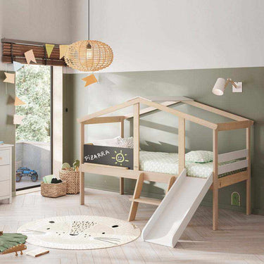 Cama montessori cabaña blanca con tobogán integrado para niños