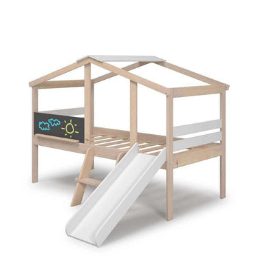 Cama montessori cabaña con tobogán blanco para dormitorio infantil