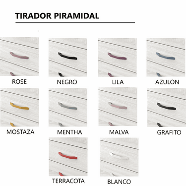 Cama nido con tiradores piramidales en varios colores, de perfil alargado y acabado liso sobre panel blanco.
