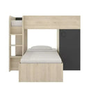 Cama tren reversible de melamina en tonos natural y grafito, con cama superior, armario y escalera lateral.