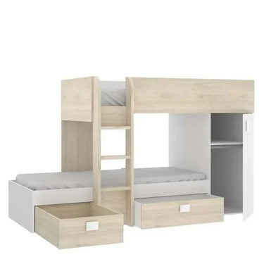 Cama tren reversible de tablero melamínico blanco y madera clara, con dos camas, escalera, armario y cajones.