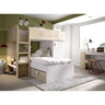 Cama tren reversible en tonos blanco y madera clara, con dos camas, escalera lateral y cajones integrados.