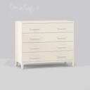 Cómoda dormitorio de cuatro cajones en color blanco, con acabado liso y tiradores ovalados a juego.