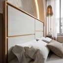 Dormitorio matrimonio Génova con diseño moderno en colores Polar y Artisan, incluye cama con cabezal y mesitas de noche.