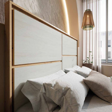 Dormitorio matrimonio Génova con diseño moderno en colores Polar y Artisan, incluye cama con cabezal y mesitas de noche.