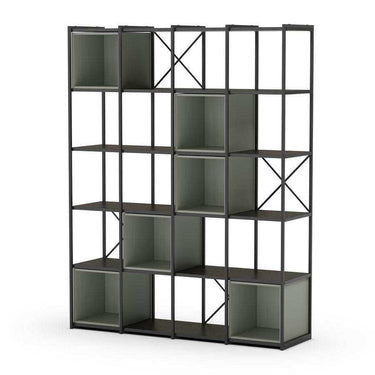 Estantería librería modular Ayna 140 con estructura metálica y cubos melamínicos en colores crema, terracota y verde