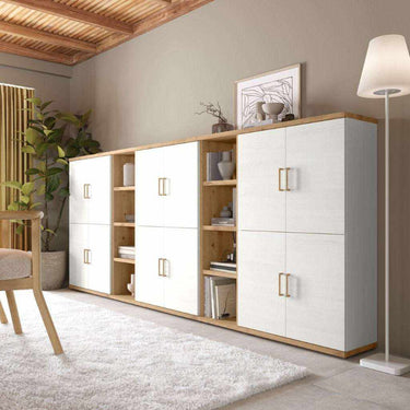 Estantería librería baja Bolonia para salón comedor con módulos abiertos y cerrados