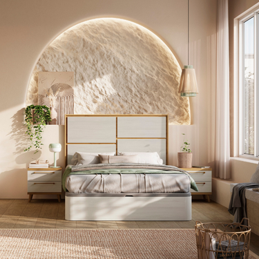 Dormitorio matrimonio Génova con cabezal polar y artisan, mesitas y diseño contemporáneo elegante