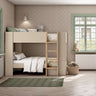 Litera juvenil Verona en melamina beige de líneas lisas, con dos camas superpuestas y escalera frontal de peldaños.