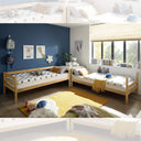 Litera infantil convertible en dos camas individuales de madera clara, acabado natural y escalera lateral integrada.