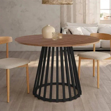 Mesa de comedor redonda fija DELTA con pata central metálica y tapa biselada de madera disponible en varios colores