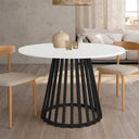 Mesa de comedor redonda fija DELTA con pata central metálica y sobre biselado de madera en varios colores