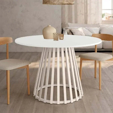 Mesa de comedor redonda fija DELTA con pata central metálica, tapa biselada de madera, diámetro 120 cm, colores personalizables.