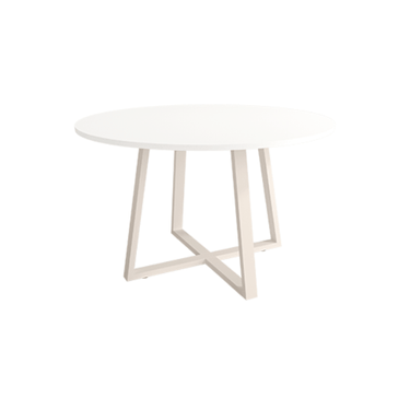 Mesa de comedor redonda fija Lugano con patas metálicas y acabado madera