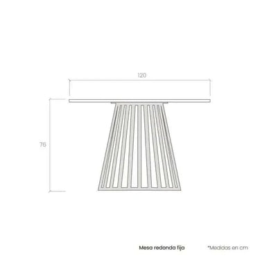 Mesa de comedor redonda fija modelo DELTA con pata central metálica y sobre biselado en diferentes colores de madera