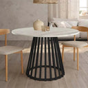 Mesa de comedor redonda fija DELTA con pata central metálica y tapa biselada disponible en seis colores.