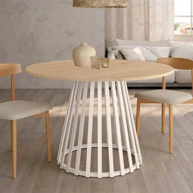 Mesa de comedor redonda fija DELTA con pata central metálica y tapa biselada en variados colores madera