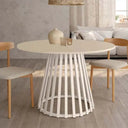 Mesa de comedor redonda fija DELTA con pata central metálica y tapa biselada de madera en varios colores