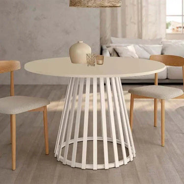 Mesa de comedor redonda fija DELTA con pata central metálica y tapa biselada de madera en varios colores