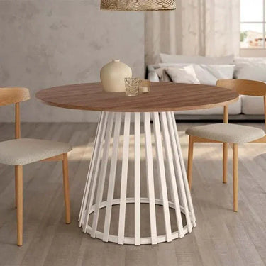 Mesa de comedor redonda fija DELTA con pata central metálica y sobre biselado de madera en varios colores.