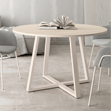 Mesa de comedor redonda fija Lugano con patas metálicas y sobre biselado