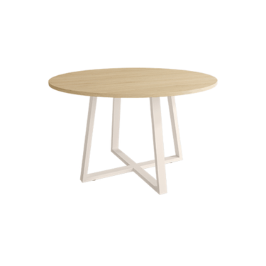 Mesa de comedor redonda fija Lugano con patas metálicas y acabado madera