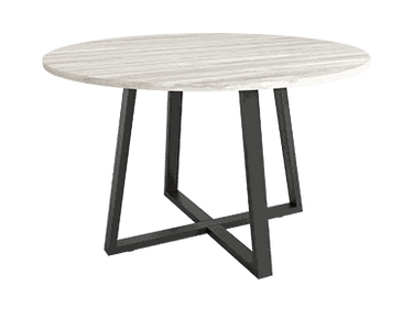 Mesa de comedor redonda fija Lugano con patas metálicas y sobre biselado