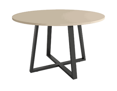 Mesa de comedor redonda fija Lugano con patas metálicas y acabado en madera
