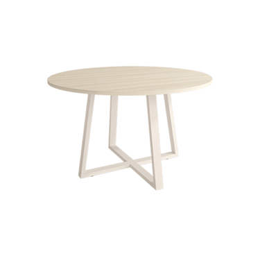 Mesa de comedor redonda fija Lugano con patas metálicas y diseño madera