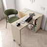 Mesa de estudio giratoria beige de melamina, con sobre rectangular extensible, ruedas y estantes abiertos para libros.