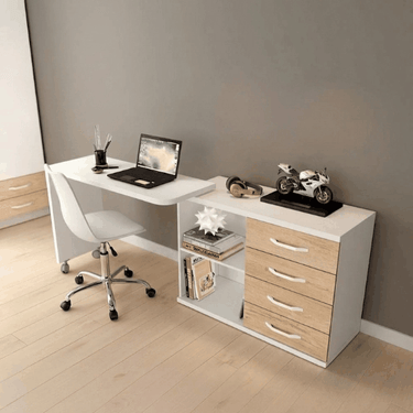 Mesa de estudio blanca y beige en melamina, con sobre giratorio, estantes abiertos y cajonera de cuatro cajones con tiradores curvos.