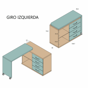 Mesa de estudio giratoria azul verdosa y beige, de melamina, con tres cajones y sobre abatible en giro izquierdo.