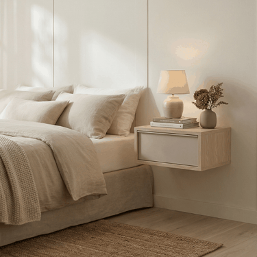 Mesa de noche suspendida ENAJ de melamina con cajón en dormitorio moderno