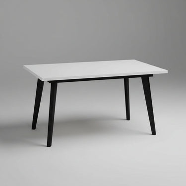 Mesa salón comedor extensible PALMIRA con diseño moderno y patas metálicas en blanco o negro, disponible en colores Artisan, Polar, Nuez y Roble Natural.