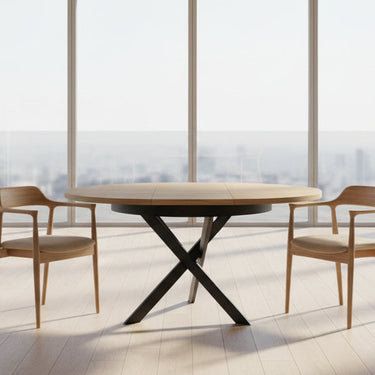 Mesa de comedor redonda extensible con patas metálicas en X modelo DONATA