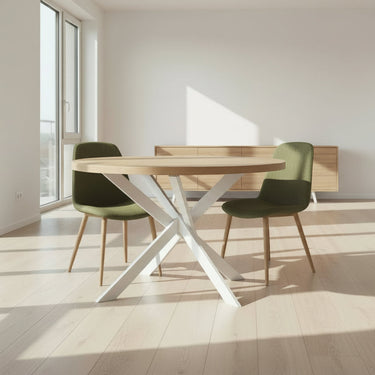 Mesa de comedor redonda fija patas metálicas en X modelo DONATA fabricada en España