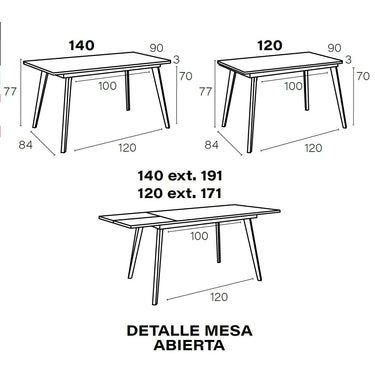 Mesa salón comedor extensible PALMIRA de diseño moderno con acabado en madera y patas metálicas blancas o negras.