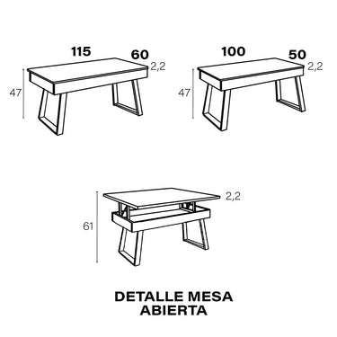 Mesa de centro elevable patas metálicas mod. ISABELLA