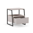 mesita de noche perla con un cajón y patas negras diseño compacto elegante