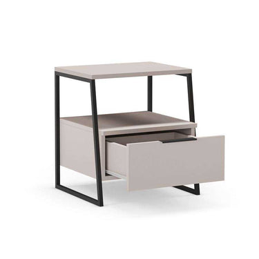mesita de noche perla con un cajón y patas negras diseño compacto elegante