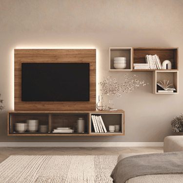 Mueble de salón suspendido TIVOLI con diseño bitono y cristal Olas
