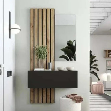 Mueble Recibidor FLORENCIA mod. 6 con panel palillera, puerta batiente y espejo rectangular.