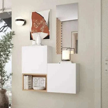 Mueble Recibidor modular blanco y madera clara, con dos puertas lisas, cubo abierto y espejo rectangular.