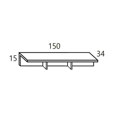 Mueble salón tipo base para TV, diseño rectangular con repisa y soportes; mide 150 cm de ancho y 34 cm de fondo.