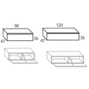 Mueble salón con dos módulos bajos rectangulares y puertas abatibles, mostrado en esquemas acotados de 90 y 120 cm.
