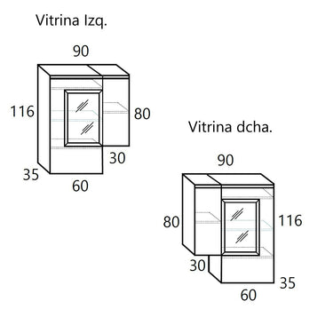 Mueble salón modular de melamina, en esquema lineal blanco y negro con vitrina de dos puertas y medidas indicadas.
