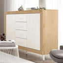 Mueble salón composición ASTI ambiente 7 con aparador y vitrina en tonos blancos y roble